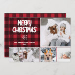 Tarjeta Festiva Rustic 4 photos merry Christmas red plaid pattern<br><div class="desc">Rustic 4 photos  photos merry Christmas red plaid buffalo pattern snow,  all the colors are editable with a snowflake and modern typography.</div>