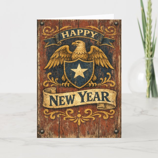 Tarjeta Festiva Rustic Americana Eagle Shield New Year (Anverso)