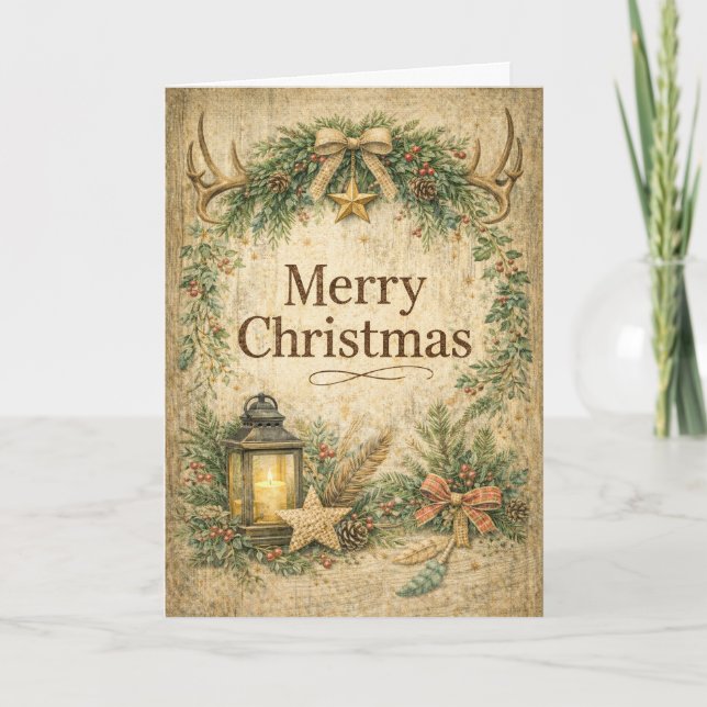 Tarjeta Festiva Rustic Antler Wreath Merry Christmas  (Anverso)