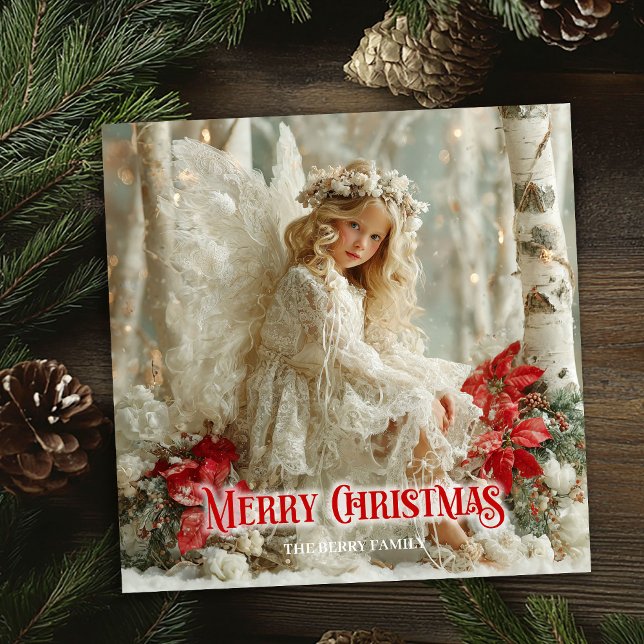 Tarjeta Festiva Rustic beautiful angel red poinsettias seasonal  (Rustic beautiful angel red poinsettias seasonal card)