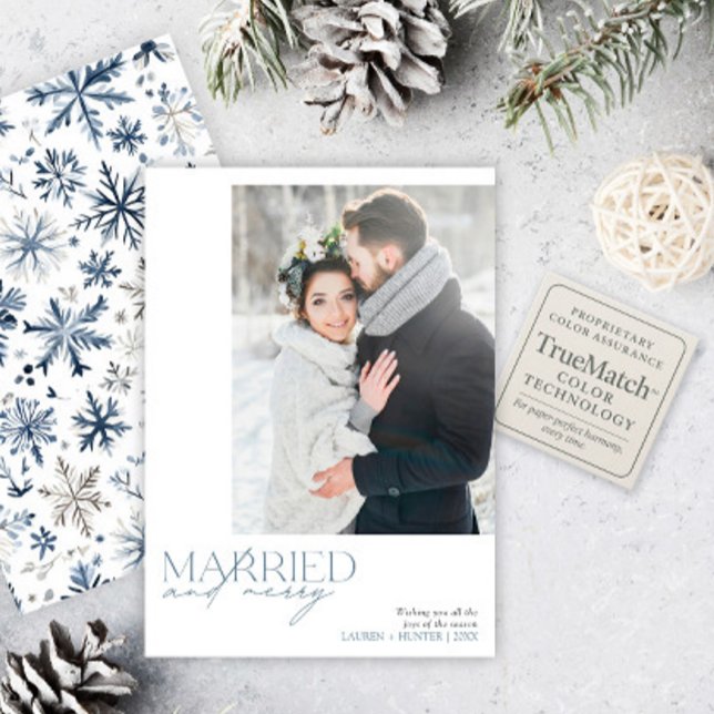 Tarjeta Festiva Rustic Blue Married & Merry Newmarried Photo (Subido por el creador)