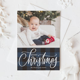 Tarjeta Festiva Rustic Blue Plaid Merry Christmas Photo