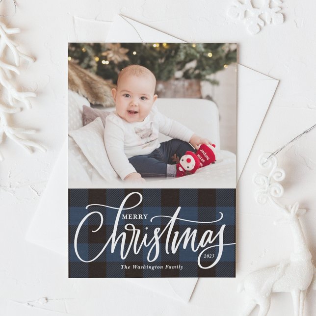 Tarjeta Festiva Rustic Blue Plaid Merry Christmas Photo (Subido por el creador)