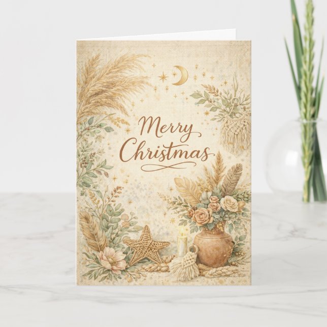 Tarjeta Festiva Rustic Boho Neutral Floral Merry Christmas (Anverso)