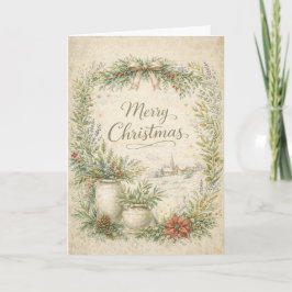 Tarjeta Festiva Rustic Botanical Wreath Merry Christmas 