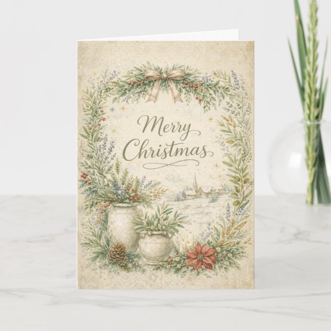 Tarjeta Festiva Rustic Botanical Wreath Merry Christmas  (Anverso)