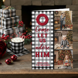 Tarjeta Festiva Rustic Buffalo Plaid Come Let Us Adore Him Photo