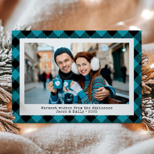 Tarjeta Festiva Rustic Buffalo Plaid Foto Personalizada Turquesa N