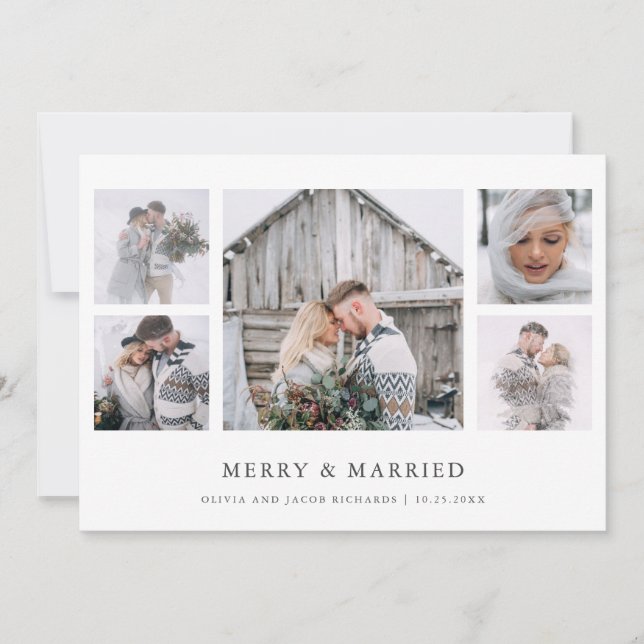 Tarjeta Festiva Rustic Chic | Merry and Married Photo Grid (Anverso)