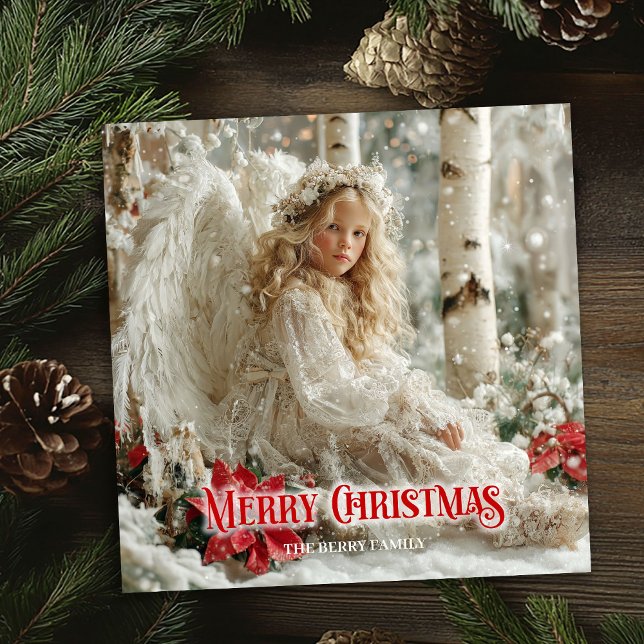 Tarjeta Festiva Rustic Christmas angel red poinsettias watercolor  (Rustic Christmas angel red poinsettias watercolor greeting card

)