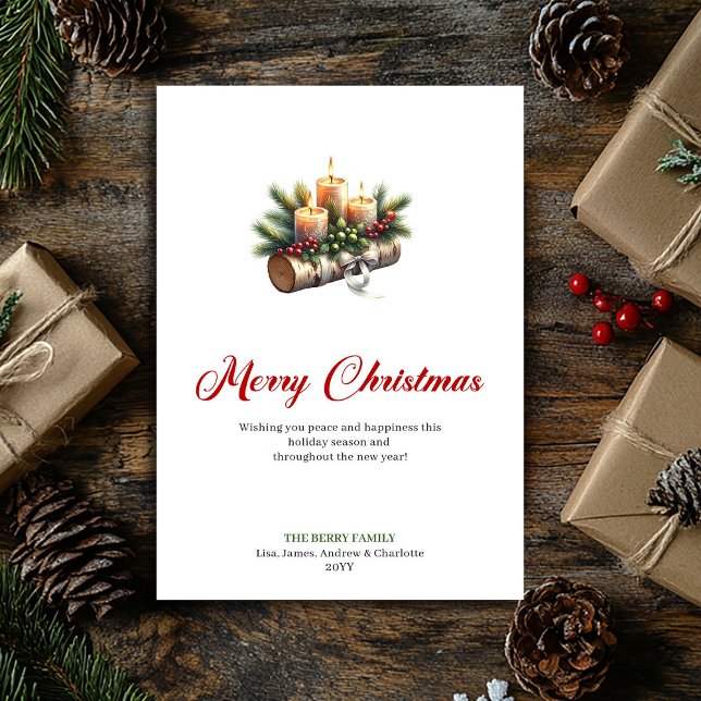 Tarjeta Festiva Rustic Christmas candles pine holly design card (Rustic Christmas candles pine holly design card)