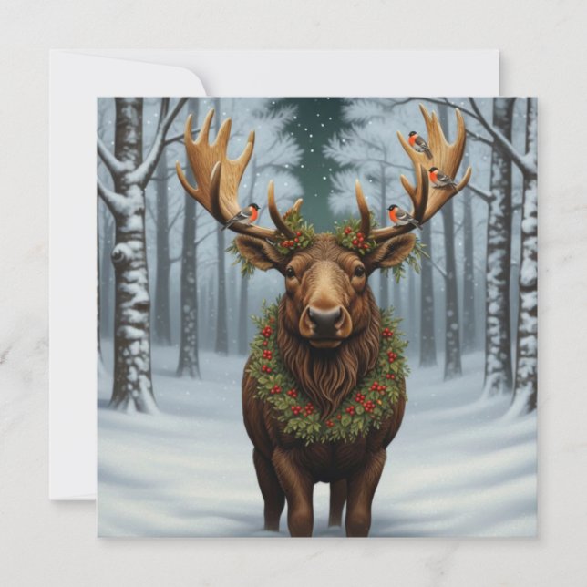 Tarjeta Festiva Rustic Christmas moose winter woodland forest  (Anverso)