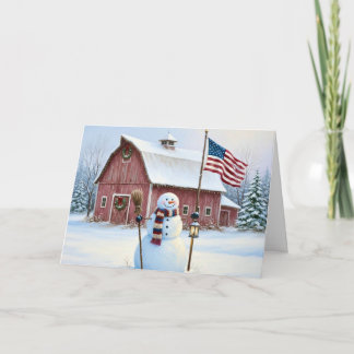 Tarjeta Festiva Rustic Christmas Snowman American Flag