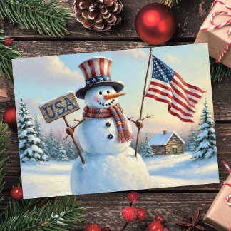 Tarjeta Festiva Rustic Christmas Snowman American Flag