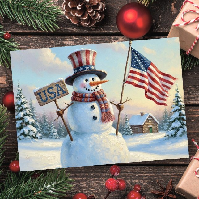Tarjeta Festiva Rustic Christmas Snowman American Flag (Subido por el creador)