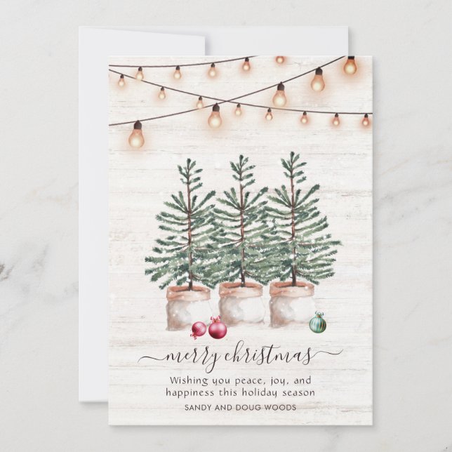 Tarjeta Festiva Rustic Christmas Tree Holiday Card con saludo (Anverso)