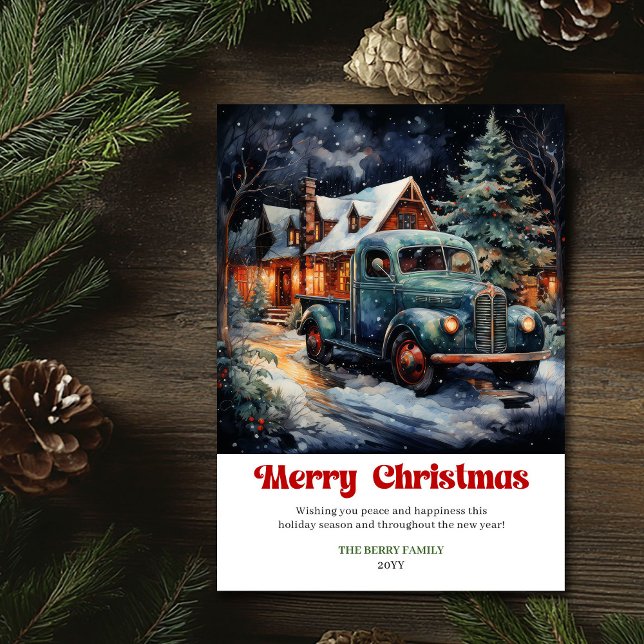 Tarjeta Festiva Rustic classic Christmas scene holiday red truck (Rustic classic Christmas scene holiday red truck)