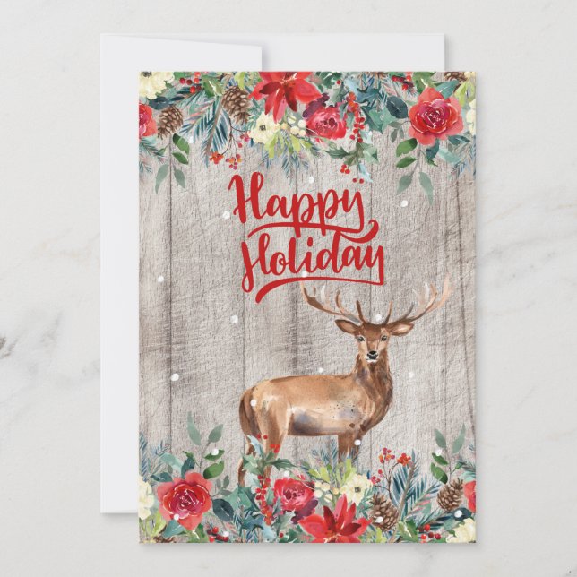 Tarjeta Festiva Rustic country floral barn wood Happy Holidays (Anverso)