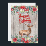 Tarjeta Festiva Rustic country floral barn wood Happy Holidays<br><div class="desc">Rustic country Christmas Happy Holidays red brushed typography script and a hand-painted watercolor reindeer making a traditional vintage-style winter wonderland family or business corporate greeting card featuring floral botanical borders with red and white peony roses and poinsettia with seasonal foliage, pinecones, and pine boughs Personalize it with your handwriting style...</div>