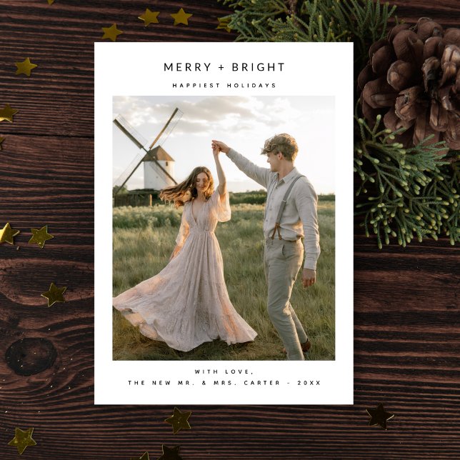 Tarjeta Festiva Rustic Elegant Merry and Bright Photo Newlywed (Subido por el creador)