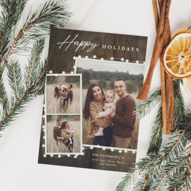 Tarjeta Festiva Rustic Fairy Lights 3 Collage de fotos (Rustic Christmas Fairy Lights 3 Photo Collage Holiday Cards)