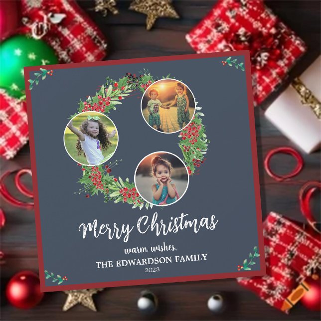 Tarjeta Festiva Rustic family photo collage Merry Holiday card (Create your own family photo collage Merry Holiday card.
You can add your own photos, name and text.)