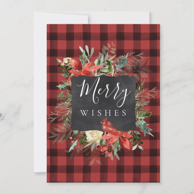 Tarjeta Festiva Rustic Farmhouse Black Red Check Navidades (Anverso)