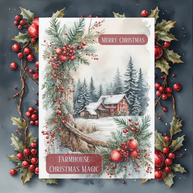 Tarjeta Festiva Rustic Farmhouse Magic Christmas Country Berries  (Rustic Farmhouse Magic Christmas Country Berries Holiday Card)
