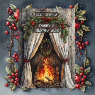 Tarjeta Festiva Rustic Farmhouse Magic Christmas Fireplace Hearth