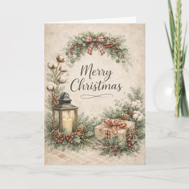 Tarjeta Festiva Rustic Farmhouse Merry Christmas  (Anverso)