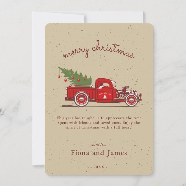 Tarjeta Festiva Rustic Faux Kraft Red Truck Tree Personalizado (Anverso)