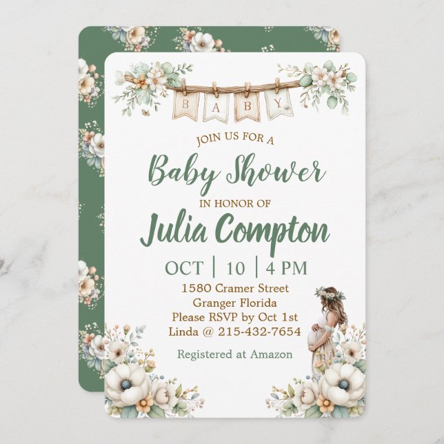 Tarjeta Festiva Rustic Floral Baby Shower Invitation  (Anverso / Reverso)