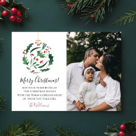 Tarjeta Festiva Rustic Floral Ball Christmas Family Photo Red