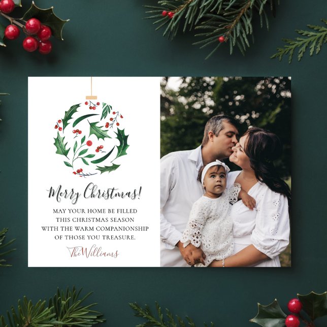 Tarjeta Festiva Rustic Floral Ball Christmas Family Photo Red (Subido por el creador)