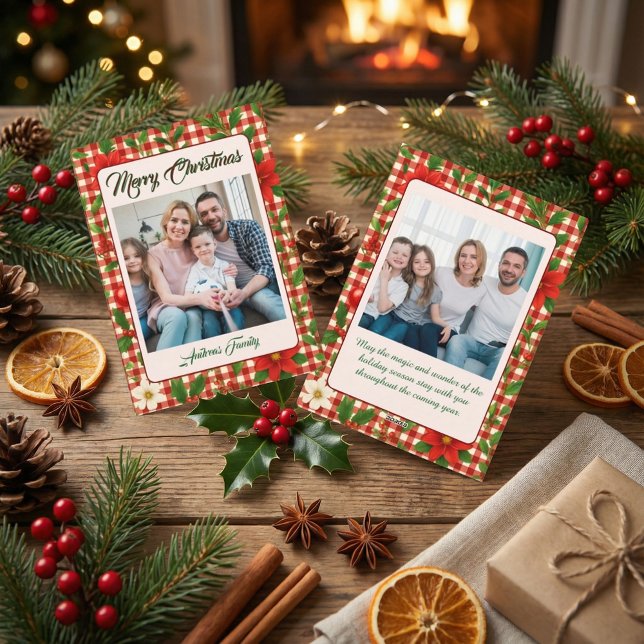 Tarjeta Festiva Rustic Floral Plaid 2 Photo Christmas Holiday Card (Subido por el creador)