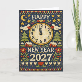 Tarjeta Festiva Rustic Folk Art Happy New Year 2027
