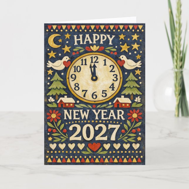 Tarjeta Festiva Rustic Folk Art Happy New Year 2027 (Anverso)