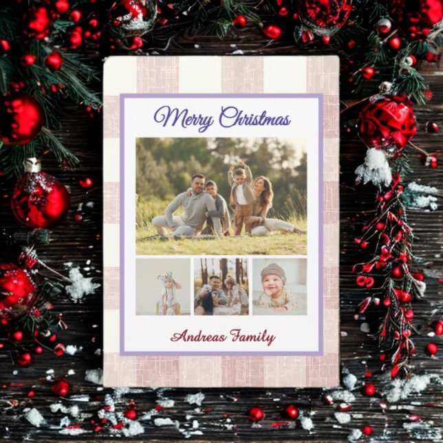 Tarjeta Festiva Rustic Gingham 4 Photo Collage Merry Christmas  (Subido por el creador)