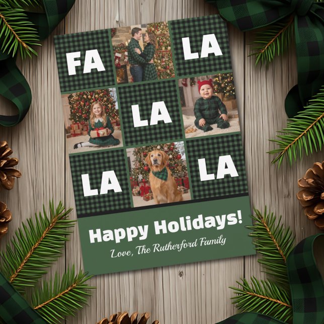 Tarjeta Festiva Rustic Green Plaid Fa La La Custom Photo Christmas (Subido por el creador)