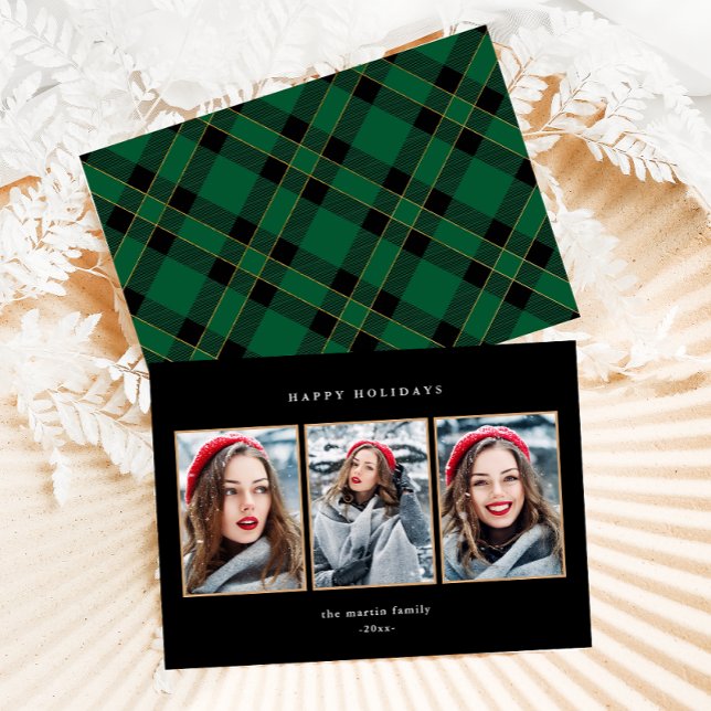 Tarjeta Festiva Rustic Green Plaid Faux Gold Tres Navidades de fot (Subido por el creador)