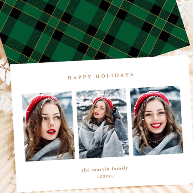 Tarjeta Festiva Rustic Green Plaid Faux Gold Tres Navidades de fot (Subido por el creador)