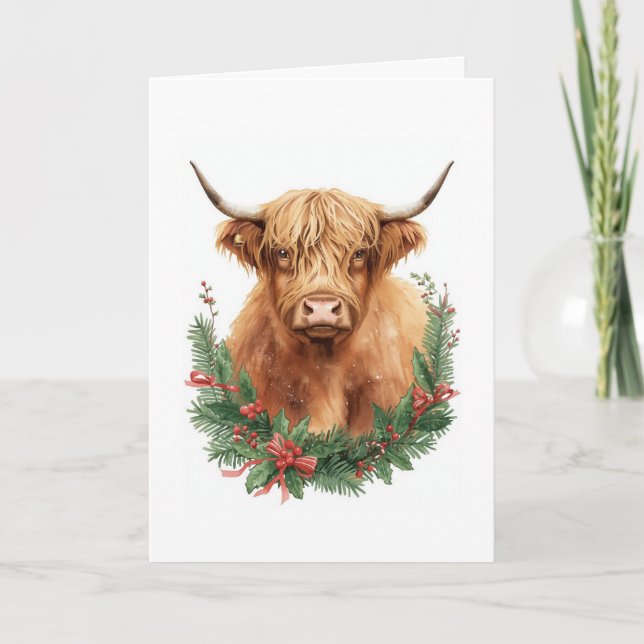 Tarjeta Festiva Rustic Highland Cow Christmas  (Anverso)