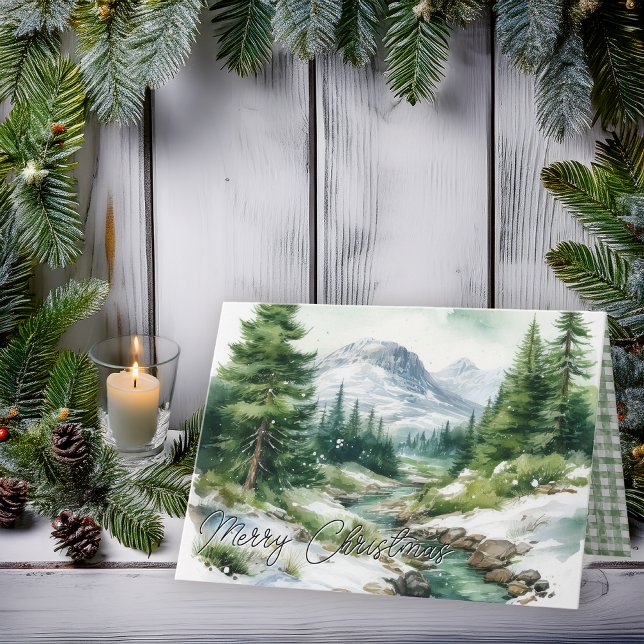 Tarjeta Festiva Rustic Highlands Mountain Scene Merry Christmas (Rustic Highlands Mountain Winter Snowy Scene "Merry Christmas" Folded Holiday Card)