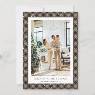 Tarjeta Festiva Rustic Khaki Plaid Snow Foto de nieve Feliz Navida