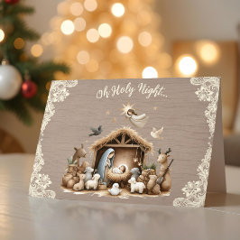 Tarjeta Festiva Rustic Lace and Wood Nativity Scene Christmas Card