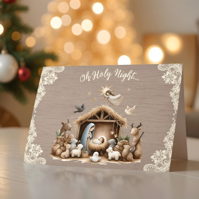 Tarjeta Festiva Rustic Lace and Wood Nativity Scene Christmas Card (Rustic Lace and Wood Nativity Scene Christmas Card)