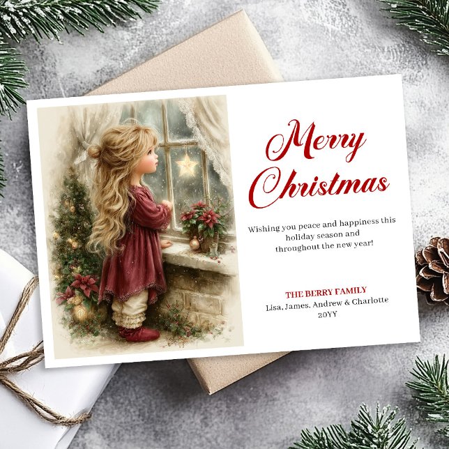 Tarjeta Festiva Rustic little girl awaiting Santa printable Xmas (Rustic little girl awaiting Santa printable Xmas Holiday Card)