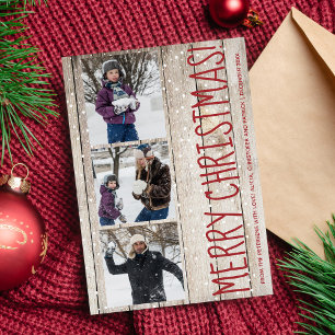 Tarjeta Festiva Rustic Merry Christmas 3 fotos de madera de barro
