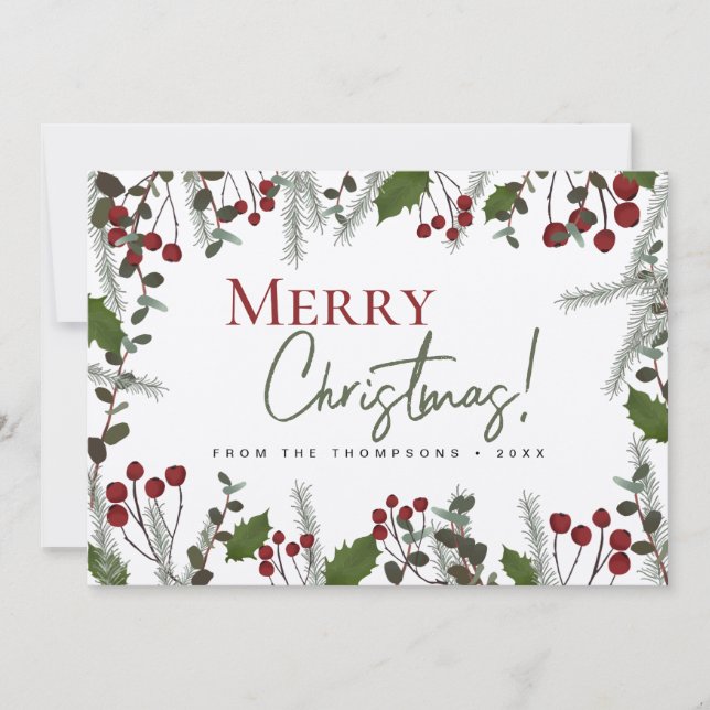 Tarjeta Festiva Rustic Merry Christmas Holliage Family