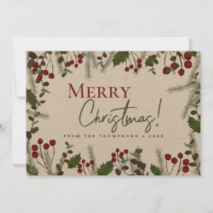 Tarjeta Festiva Rustic Merry Christmas Holliage Family